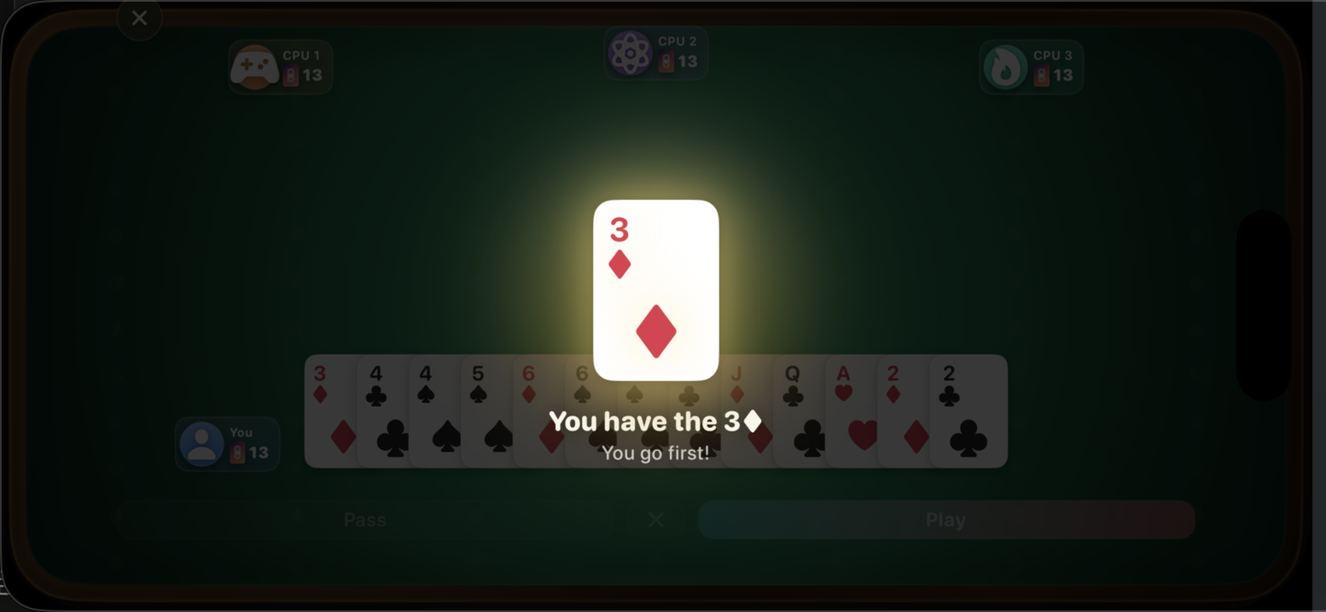 An animated round-intro spotlight showing the starting card and who goes first
