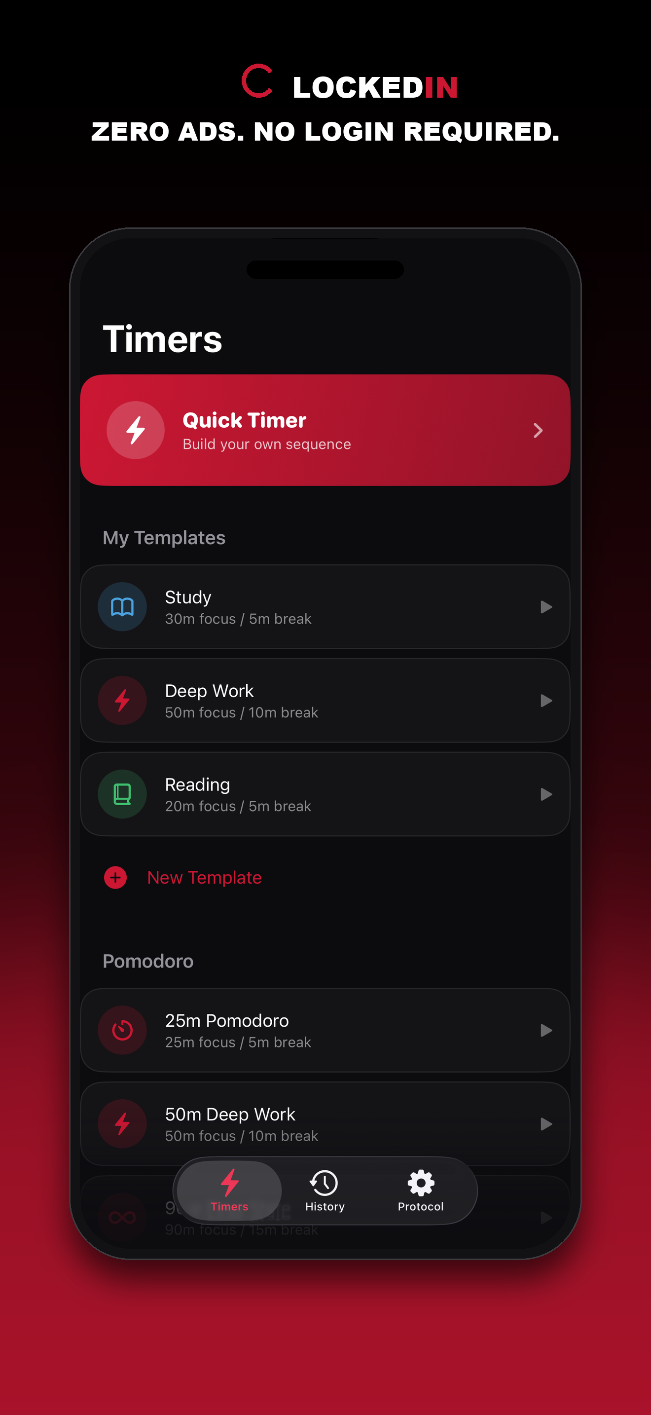 The Timers tab, showing Quick Timer, saved Templates, and Pomodoro presets