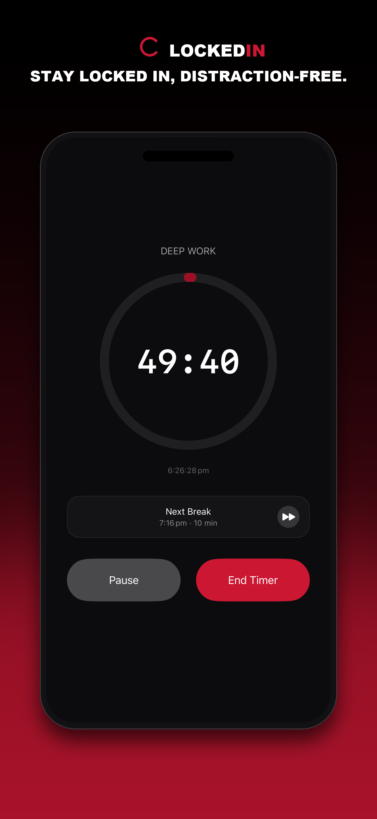 A live Deep Work countdown with a Next Break preview and Pause/End Timer controls