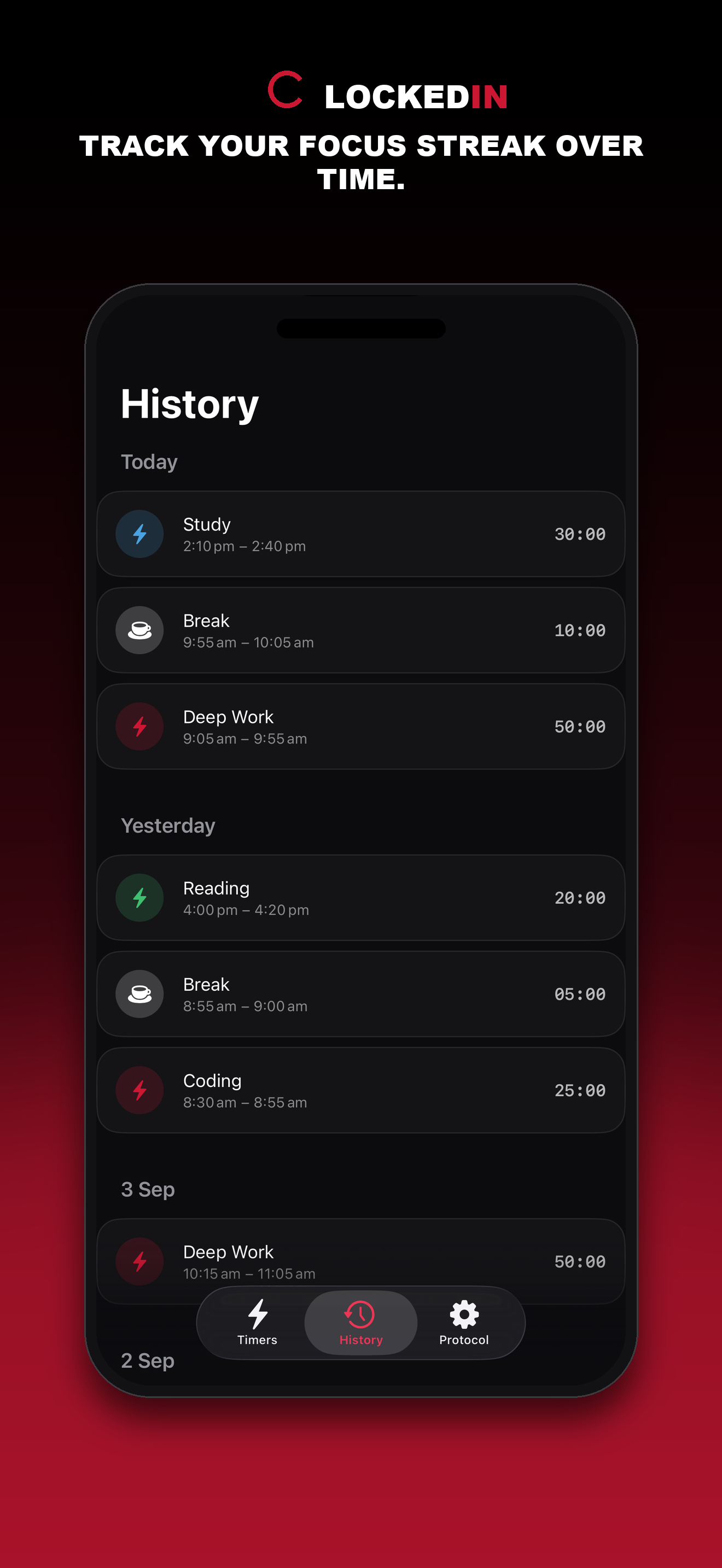 The History tab, showing completed sessions grouped by day