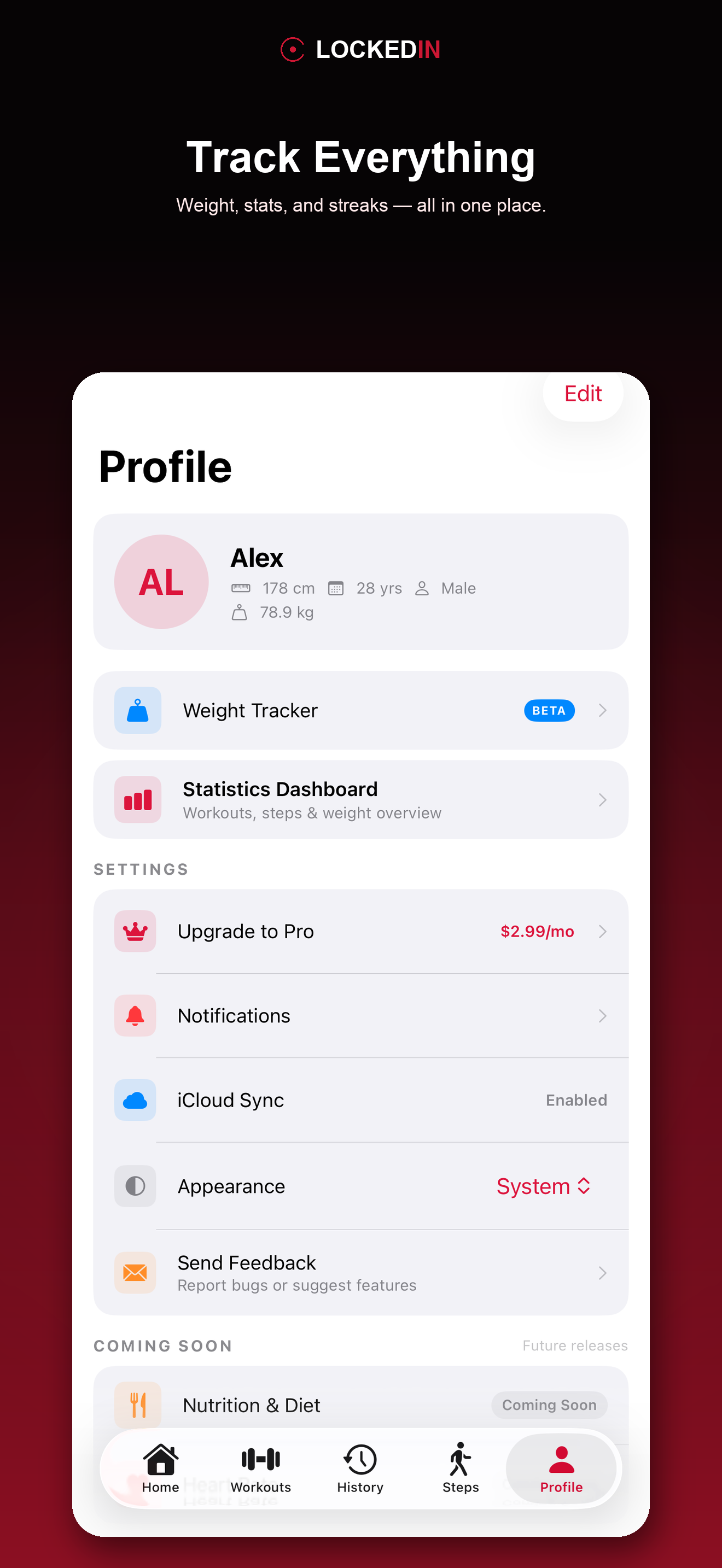 Profile screen — weight tracker, statistics dashboard, and app settings