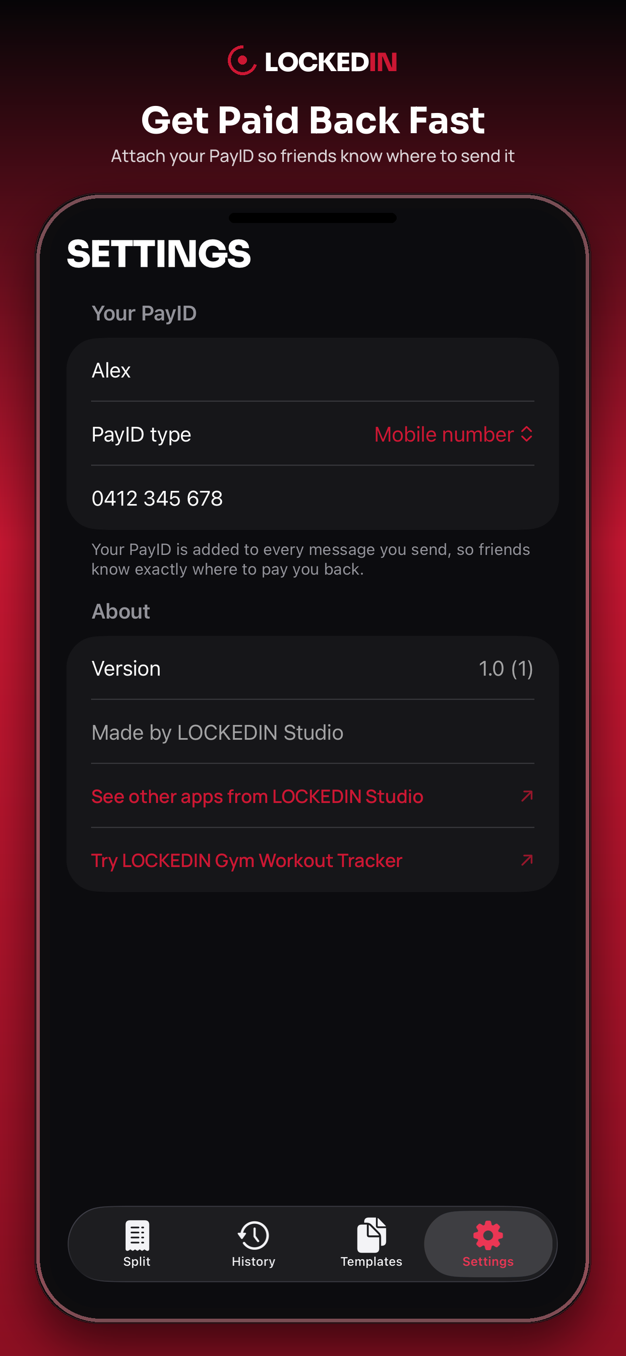 Settings screen with a saved PayID attached to every split