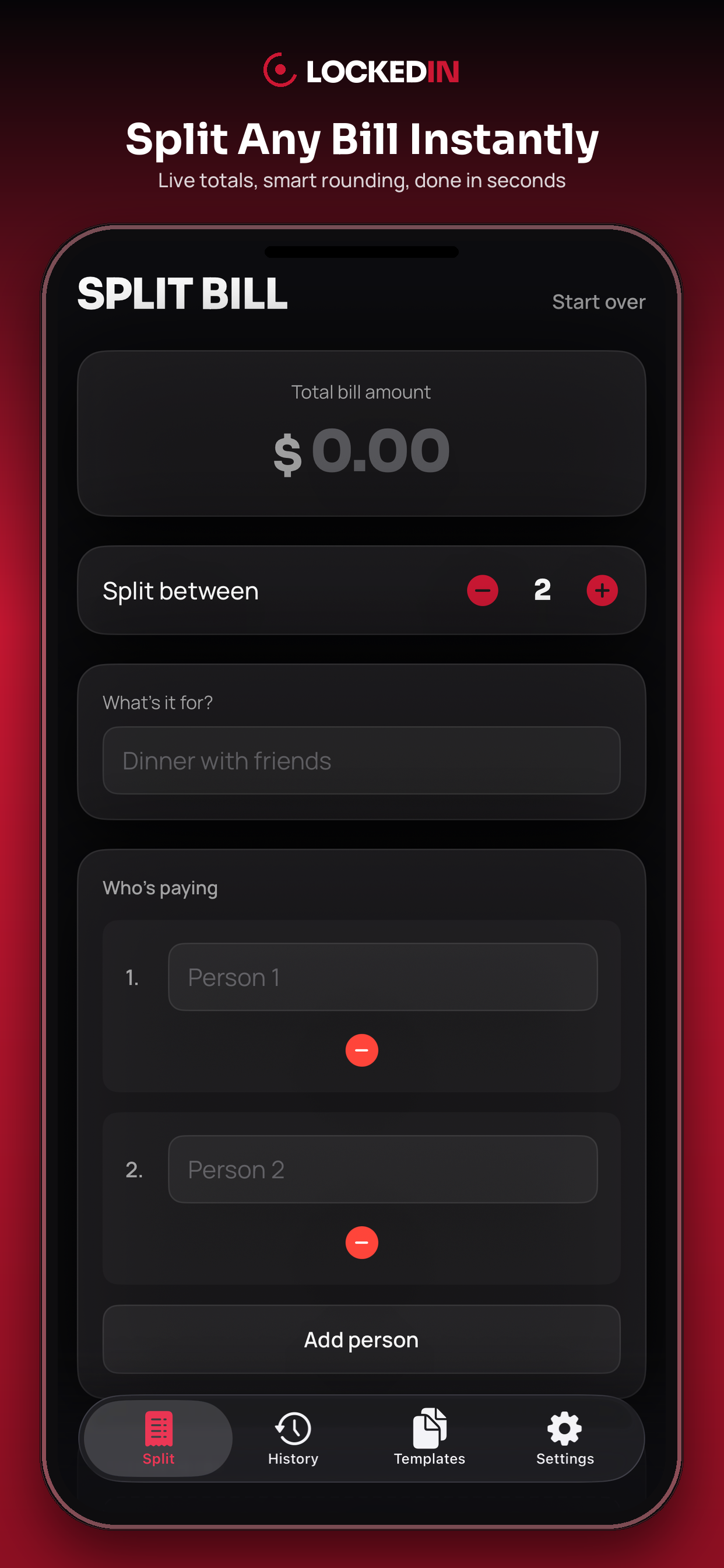 Splitting a bill with live running totals and smart rounding