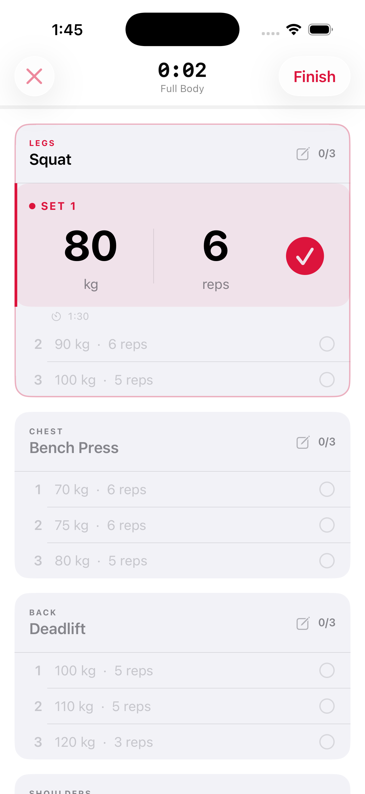 Logging a Full Body workout with rest timers